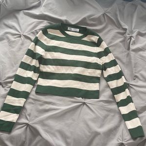 ZARA Green and cream striped crop long sleeve